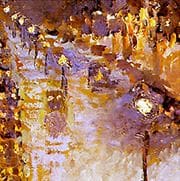 A painting of a street with purple and gold colors